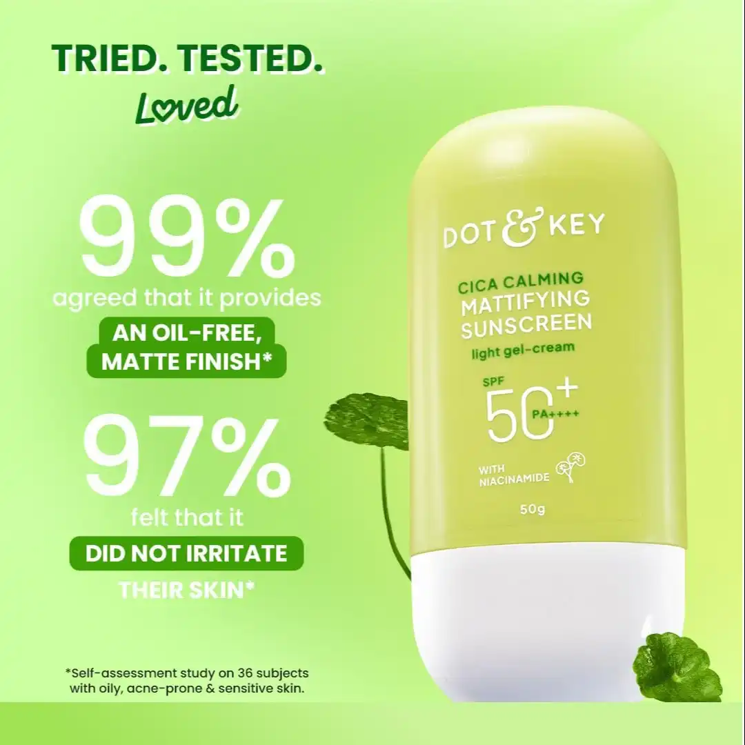Product image of Dot & Key CICA Calming Mattifying Sunscreen SPF 50 PA++++ In-Vivo Tested | For Oily Acne Prone & Sensitive Skin | UVA/UVB Protection | No White Cast, Ultra Light, Fragrance Free & Quick Absorbing | 80g