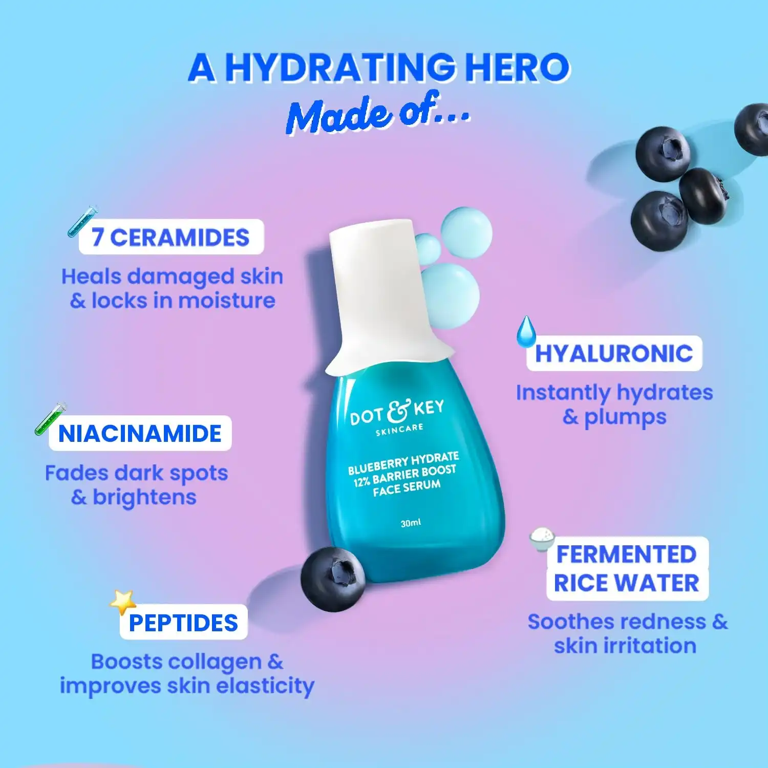 Product image of Dot & Key Blueberry Hydrate 12% Barrier Boost Serum with 7 Ceramides | Niacinamide & Hyaluronic Acid, Reduces Dark Spots, Brightens Skin, Provides Intense Hydration & Repairs Skin Barrier | 30ML