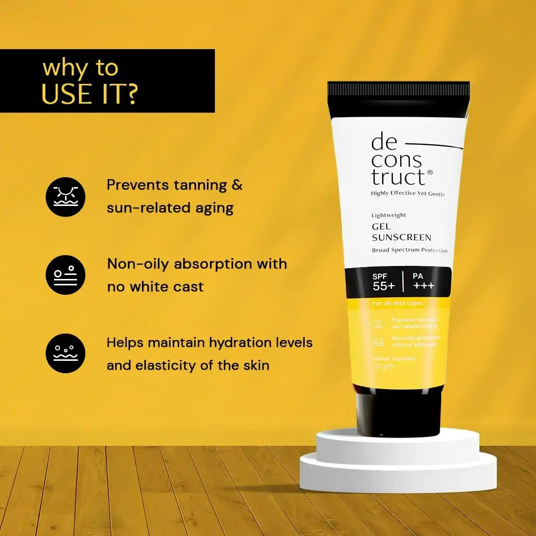 Product image of Deconstruct Face Gel Sunscreen SPF 55+ and PA+++ | Gel based sunscreen for oily, combination skin, normal skin | Broad spectrum sunscreen, No White Cast, Lightweight - 50g
