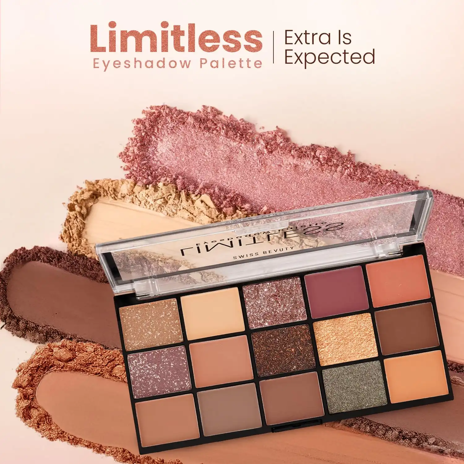 Product image of Swiss Beauty Limitless Eyeshadow Palette | Mattes, Shimmers & Metallics | Super-Blendable | Highly Pigmented | 15 Shades in One Palette | 30g