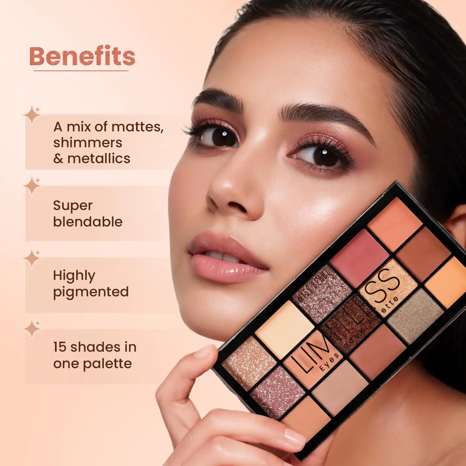 Product image of Swiss Beauty Limitless Eyeshadow Palette | Mattes, Shimmers & Metallics | Super-Blendable | Highly Pigmented | 15 Shades in One Palette | 30g