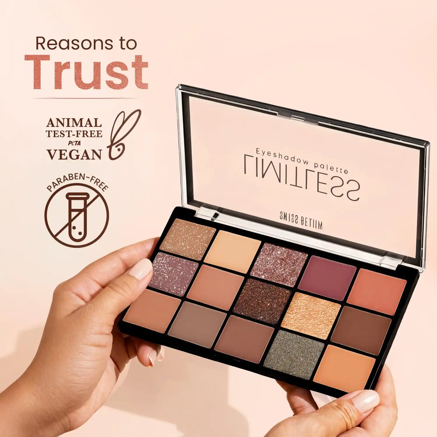 Product image of Swiss Beauty Limitless Eyeshadow Palette | Mattes, Shimmers & Metallics | Super-Blendable | Highly Pigmented | 15 Shades in One Palette | 30g
