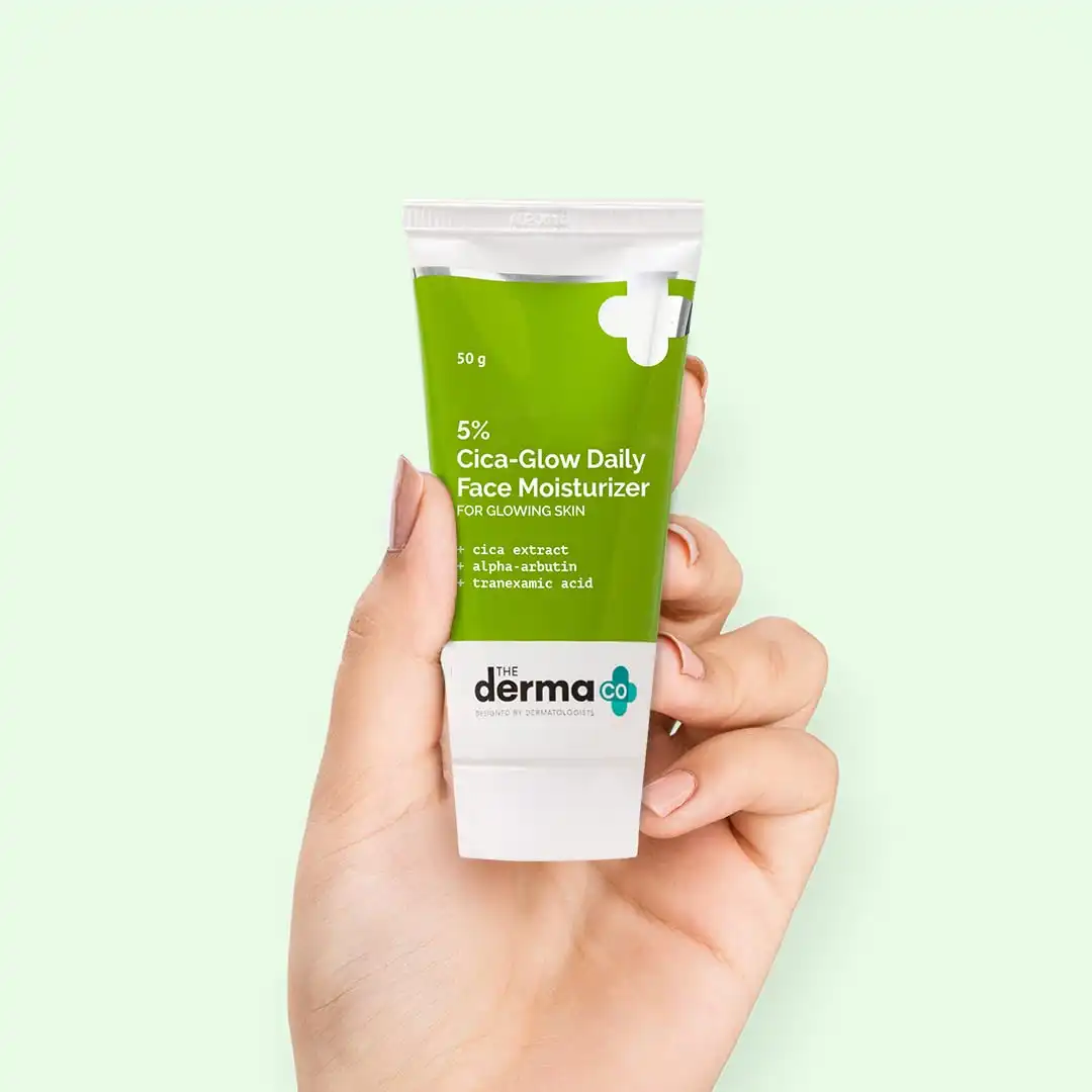 Product image of The Derma Co 5% Cica-Glow Daily Face Moisturizer with Alpha Arbutin & Tranexamic Acid | Makes Skin Glow | Evens Skin Tone | For All Skin Types | 50 g, Lotion