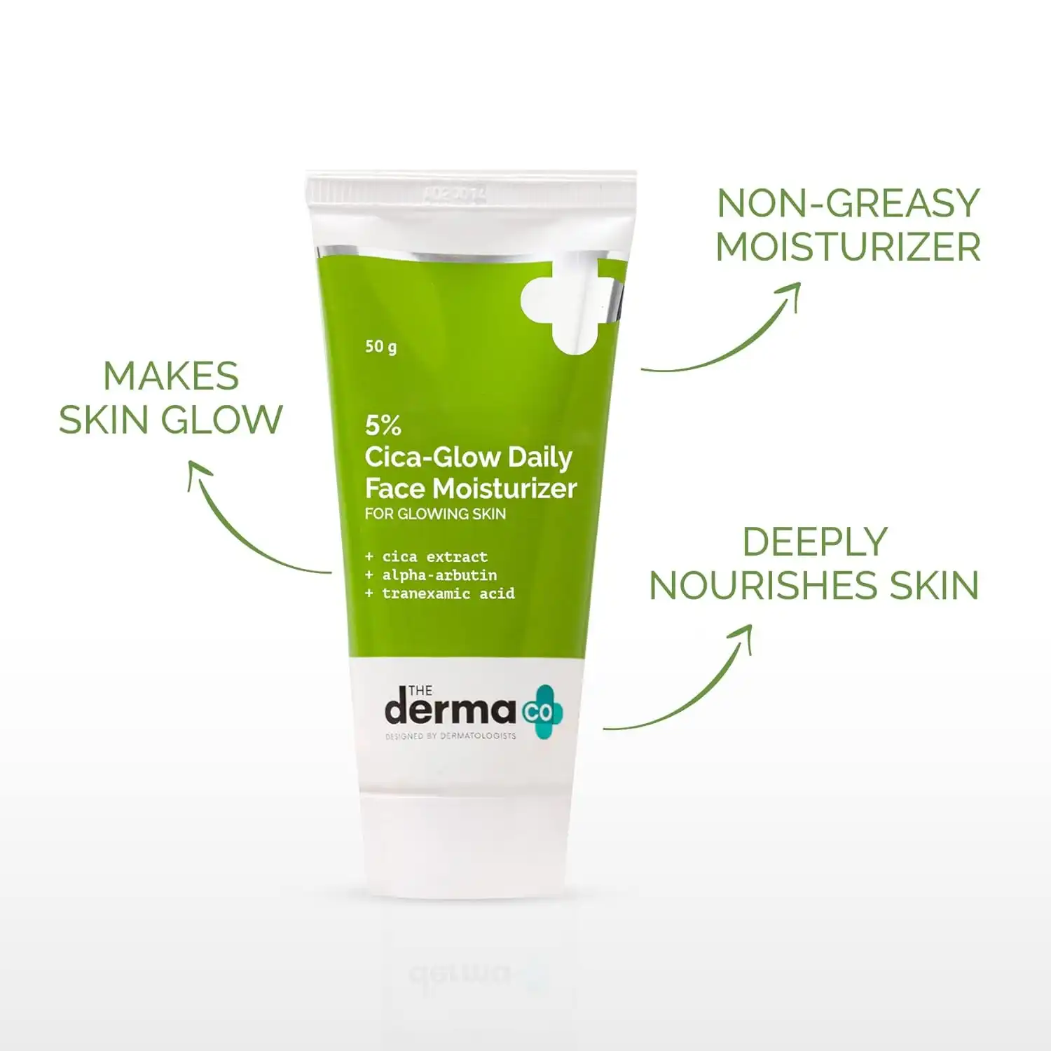 Product image of The Derma Co 5% Cica-Glow Daily Face Moisturizer with Alpha Arbutin & Tranexamic Acid | Makes Skin Glow | Evens Skin Tone | For All Skin Types | 50 g, Lotion