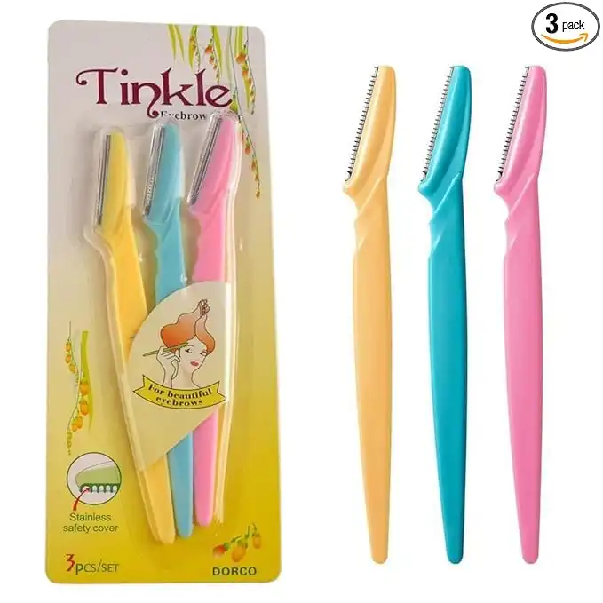 Product image of Tinkle Eyebrow Razor with Stainless Safety Cover, Disposable, Multicolor Plastic Handle, Set of 3