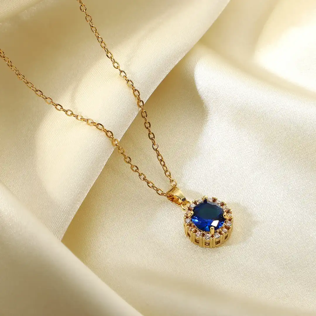 Product image of 18K Gold Plated Blue Stone Halo Pendant