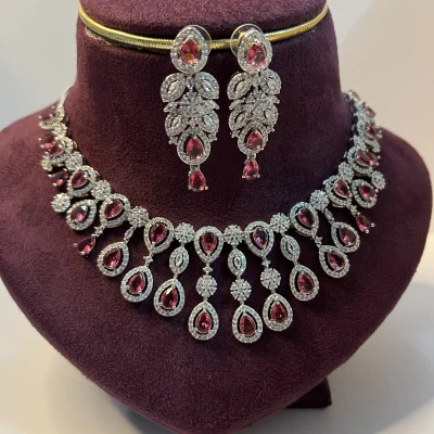Image of Royale Pink American Diamond Statement Necklace Set