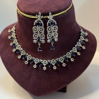 Image of Blue Sapphire Look American Diamond Necklace Set