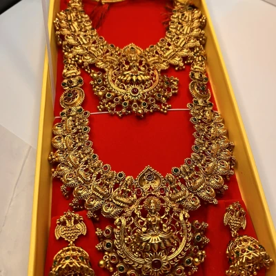 Image of Lakshmi Grand Bridal Temple Gold Plated Necklace Set with Jhumka Earrings