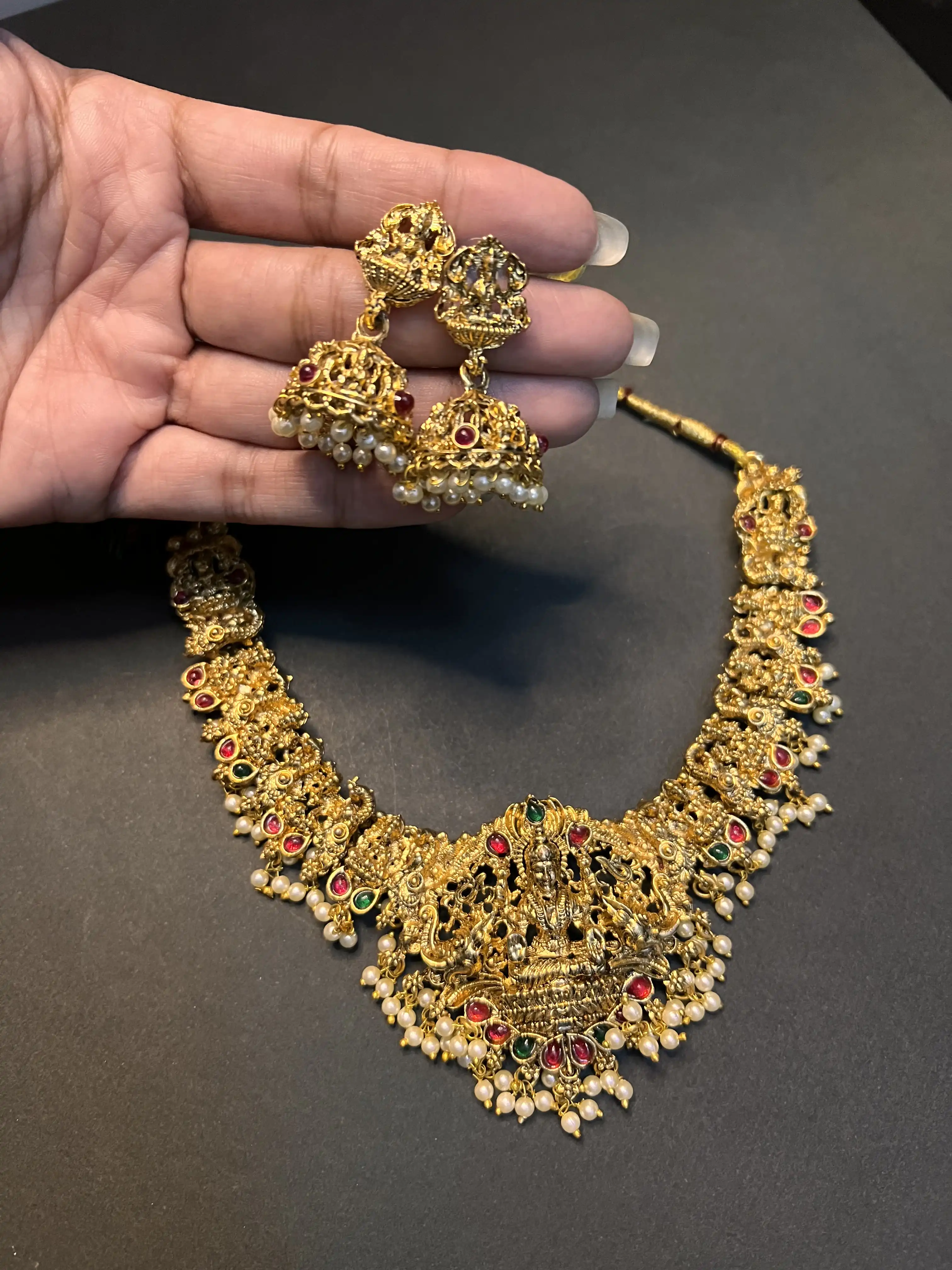 Product image of Lakshmi Pearl Drop Temple Gold Plated Necklace Set with Jhumka Earrings
