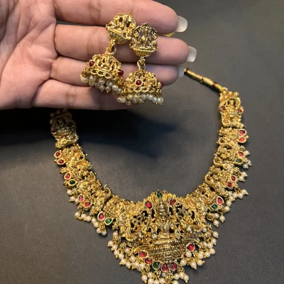 Image of Lakshmi Pearl Drop Temple Gold Plated Necklace Set with Jhumka Earrings