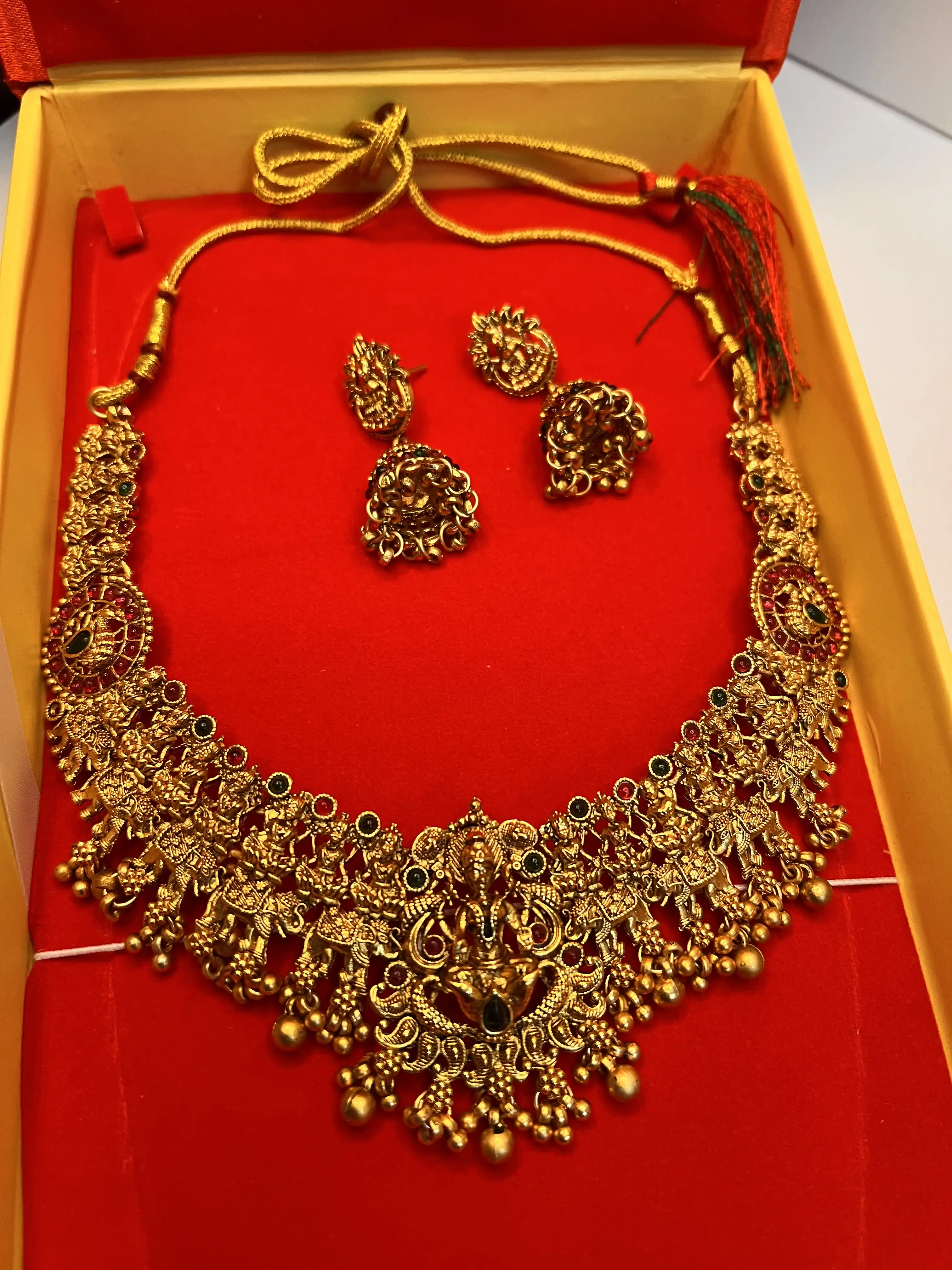 Product image of Royal Temple Gold Plated Bridal Necklace Set with Jhumka Earrings