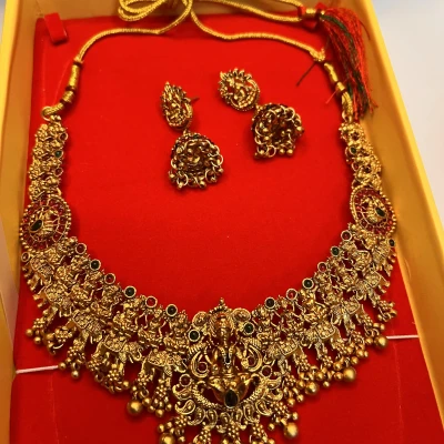 Image of Royal Temple Gold Plated Bridal Necklace Set with Jhumka Earrings