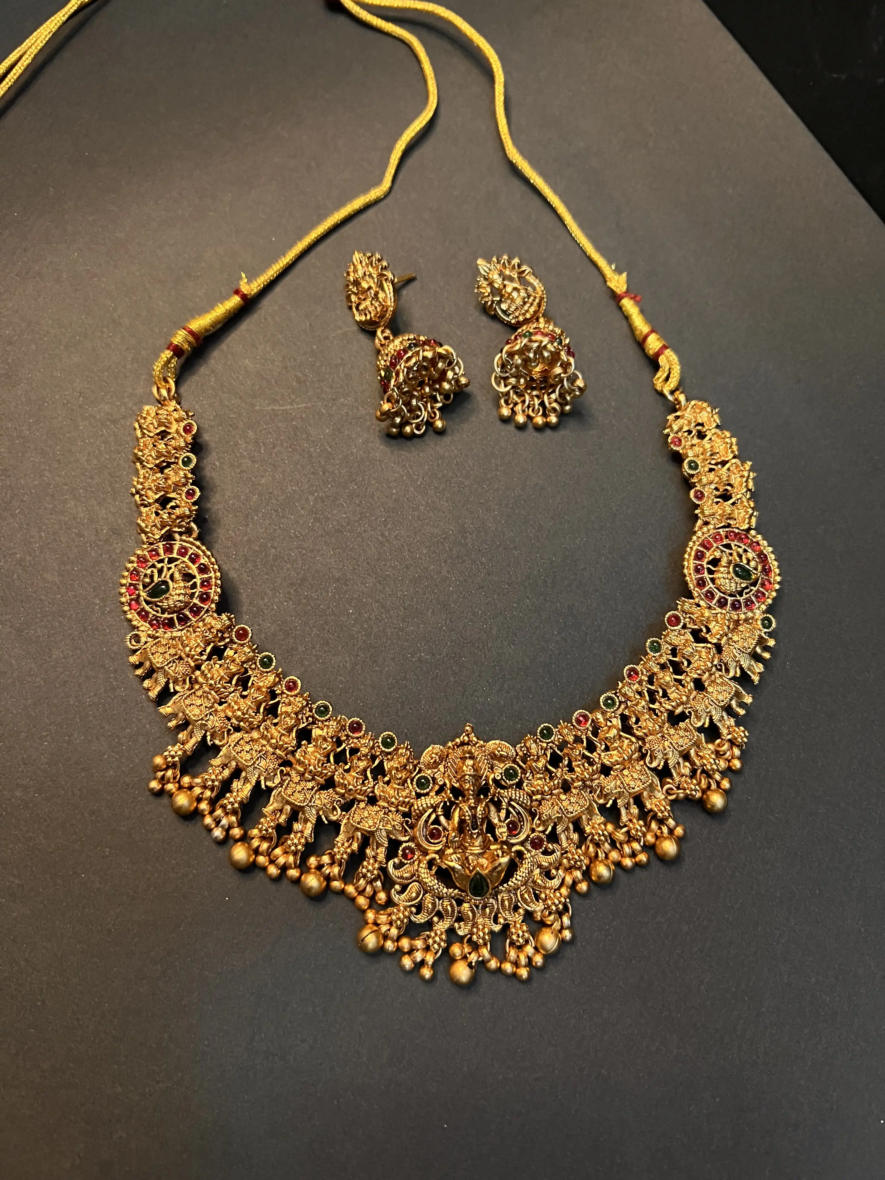 Product image of Royal Temple Gold Plated Bridal Necklace Set with Jhumka Earrings