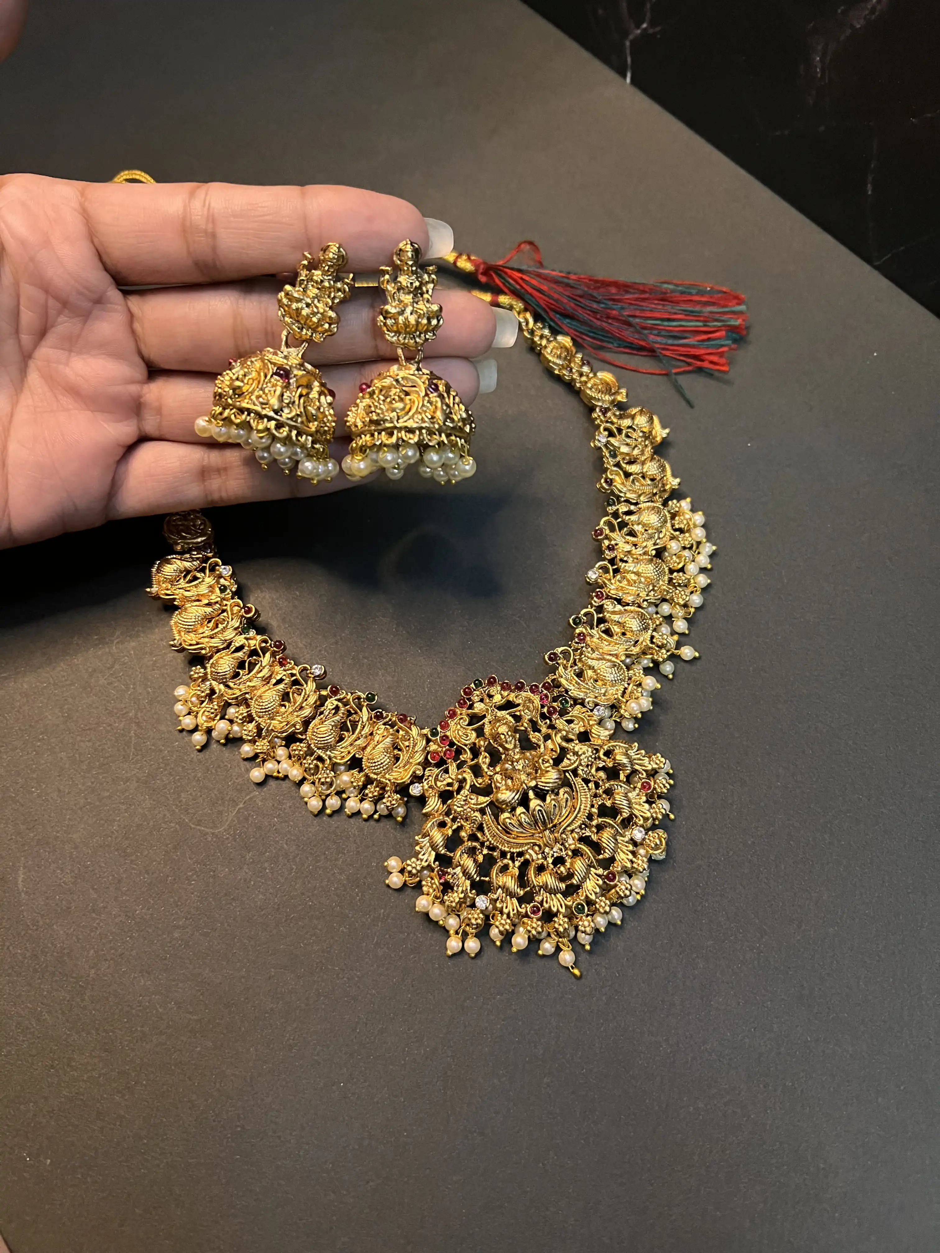 Product image of Lakshmi Peacock Temple Gold Plated Bridal Necklace Set with Pearl Jhumkas