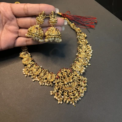 Image of Lakshmi Peacock Temple Gold Plated Bridal Necklace Set with Pearl Jhumkas