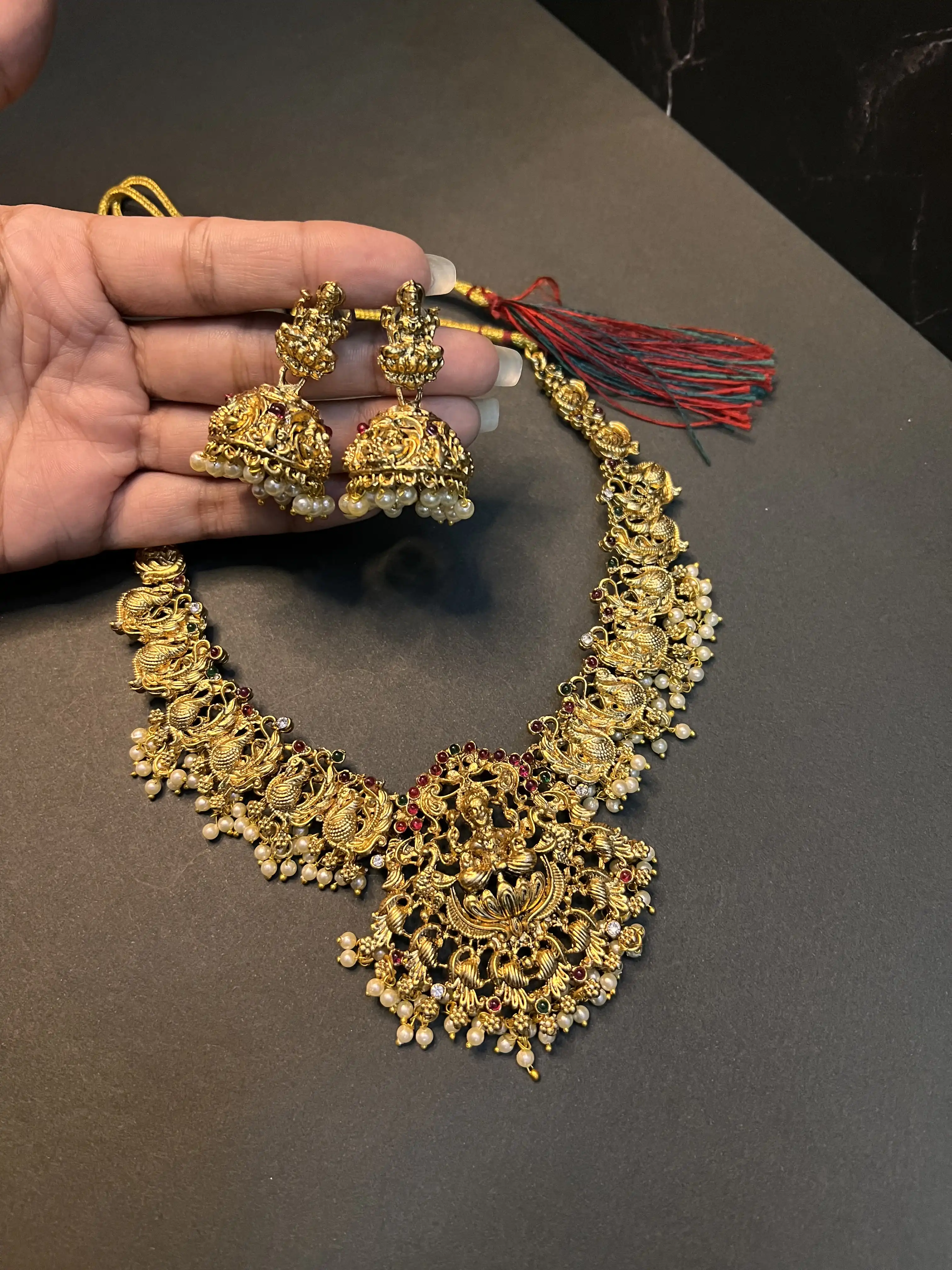 Product image of Lakshmi Peacock Temple Gold Plated Bridal Necklace Set with Pearl Jhumkas