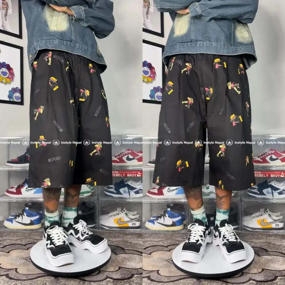 Product image of Kz701 Luffy Printed Baggy Loose Jorts " Black