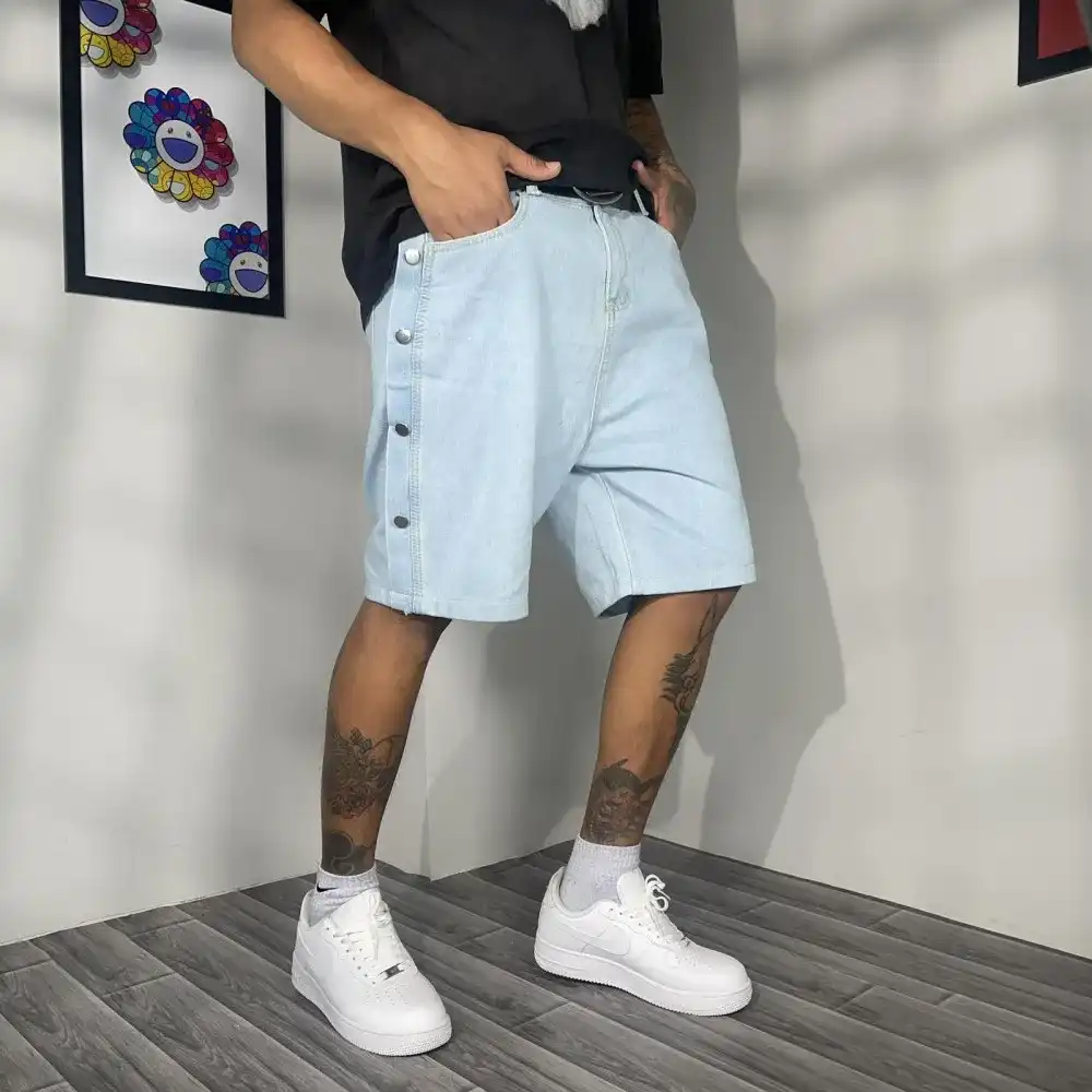 Product image of Side Silver Button Attach Baggy Shorts " Blue "