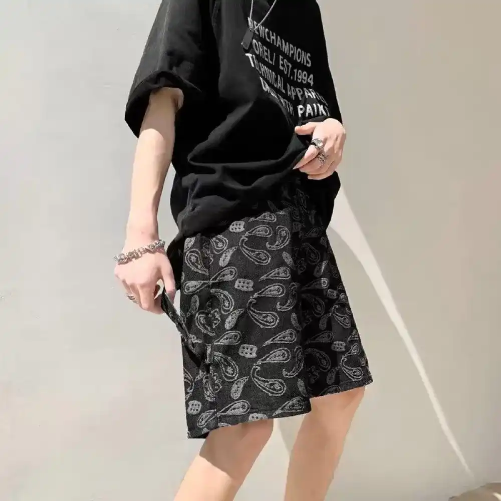 Product image of A29 Paisley Bandana Printed Denim Shorts " Black "