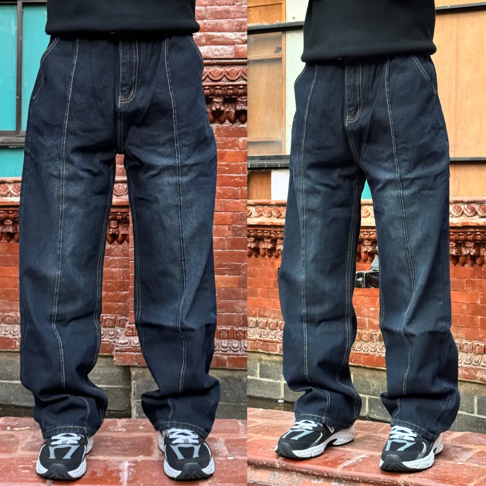 Product image of 22k9017 Lining Design Straight Baggy Jeans Pant " Dark Blue "