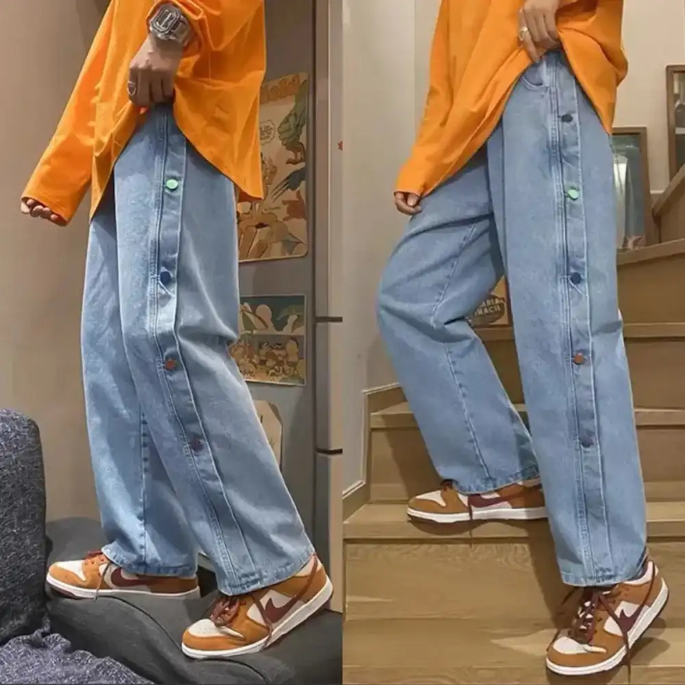 Product image of Side Colorful Button Baggy Straight Jeans Pant ' Blue '