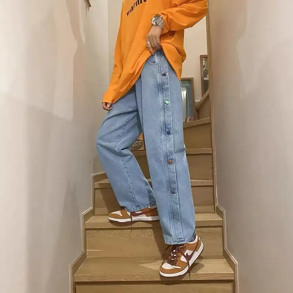 Product image of Side Colorful Button Baggy Straight Jeans Pant ' Blue '