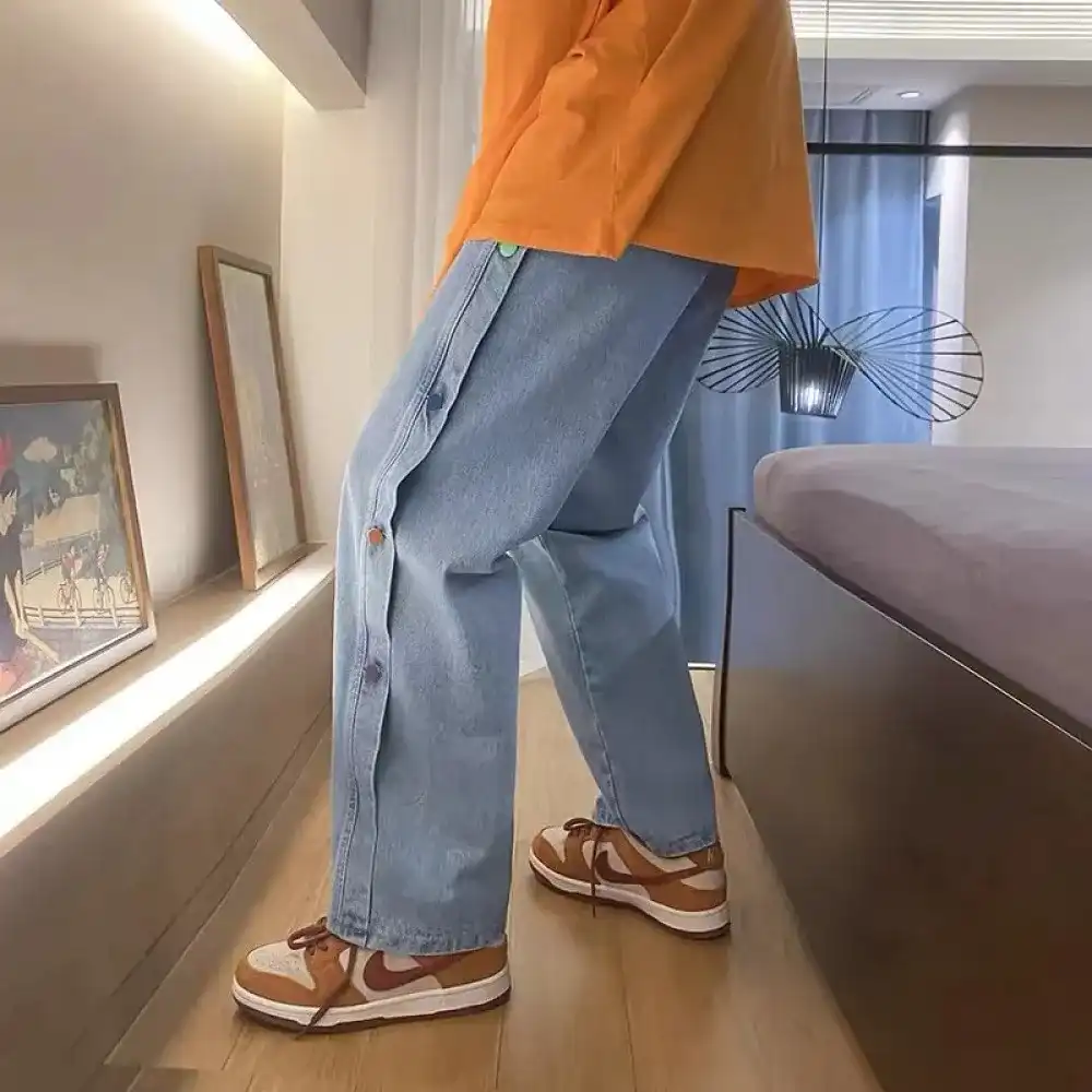 Product image of Side Colorful Button Baggy Straight Jeans Pant ' Blue '