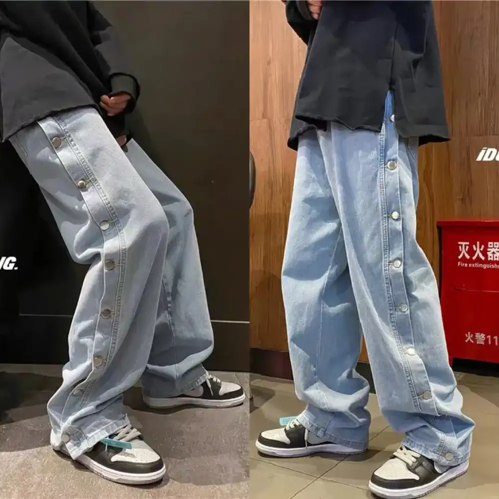 Product image of A30 Side Silver Button Attach Baggy Jeans " Blue "