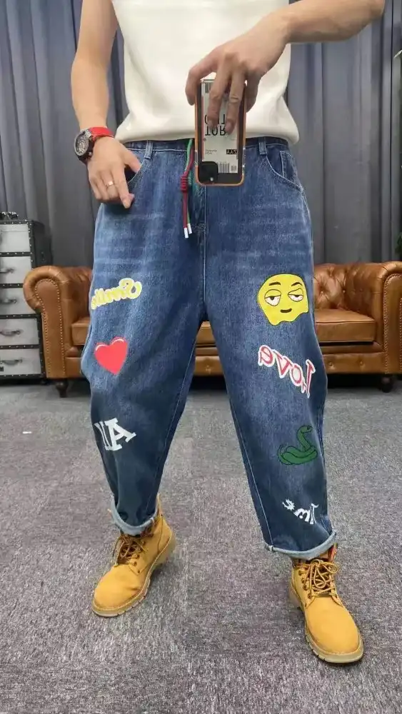 Product image of 9922 Emoji Printed Tapered Baggy Jeans Pant " Blue "