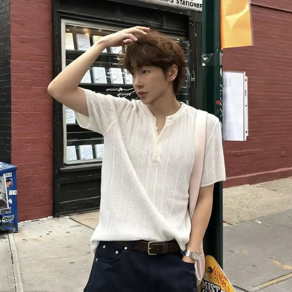 Product image of 65188 Henley Button Neck Knitted T-shirt