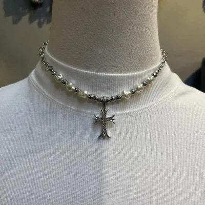 093 Pearl Beaded Cross Necklace