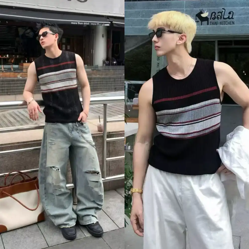 Product image of 65191 Stripe Knitted Sleeveless Tank " Black "