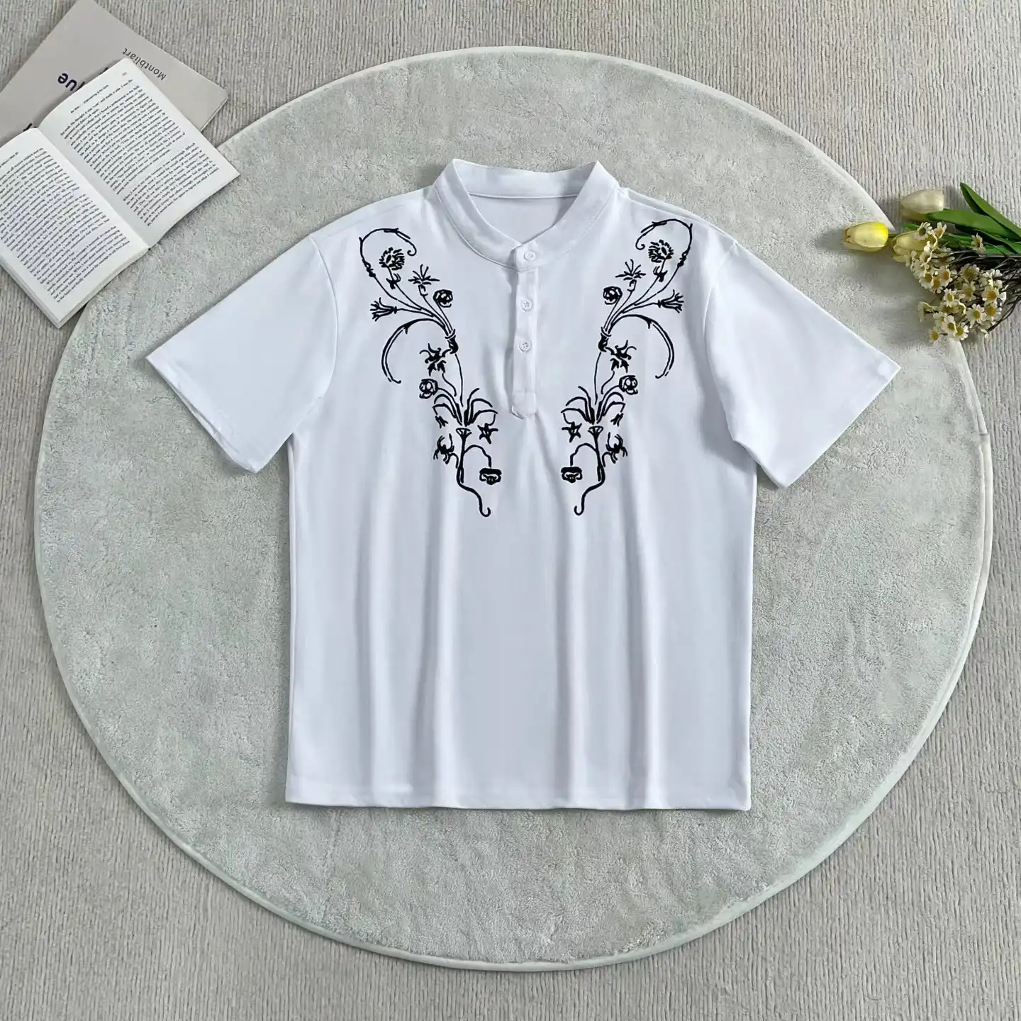 Product image of T755 Floral Embroidery Collar Neck T-Shirt