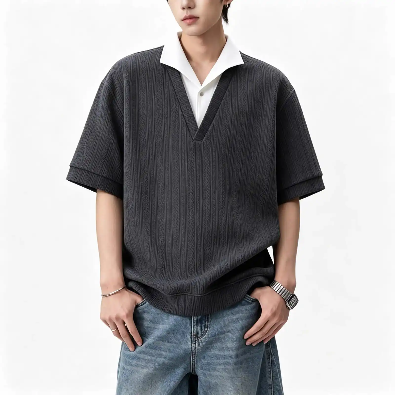 Product image of T5589 Lapel Neck Attached V Neck T-Shirt