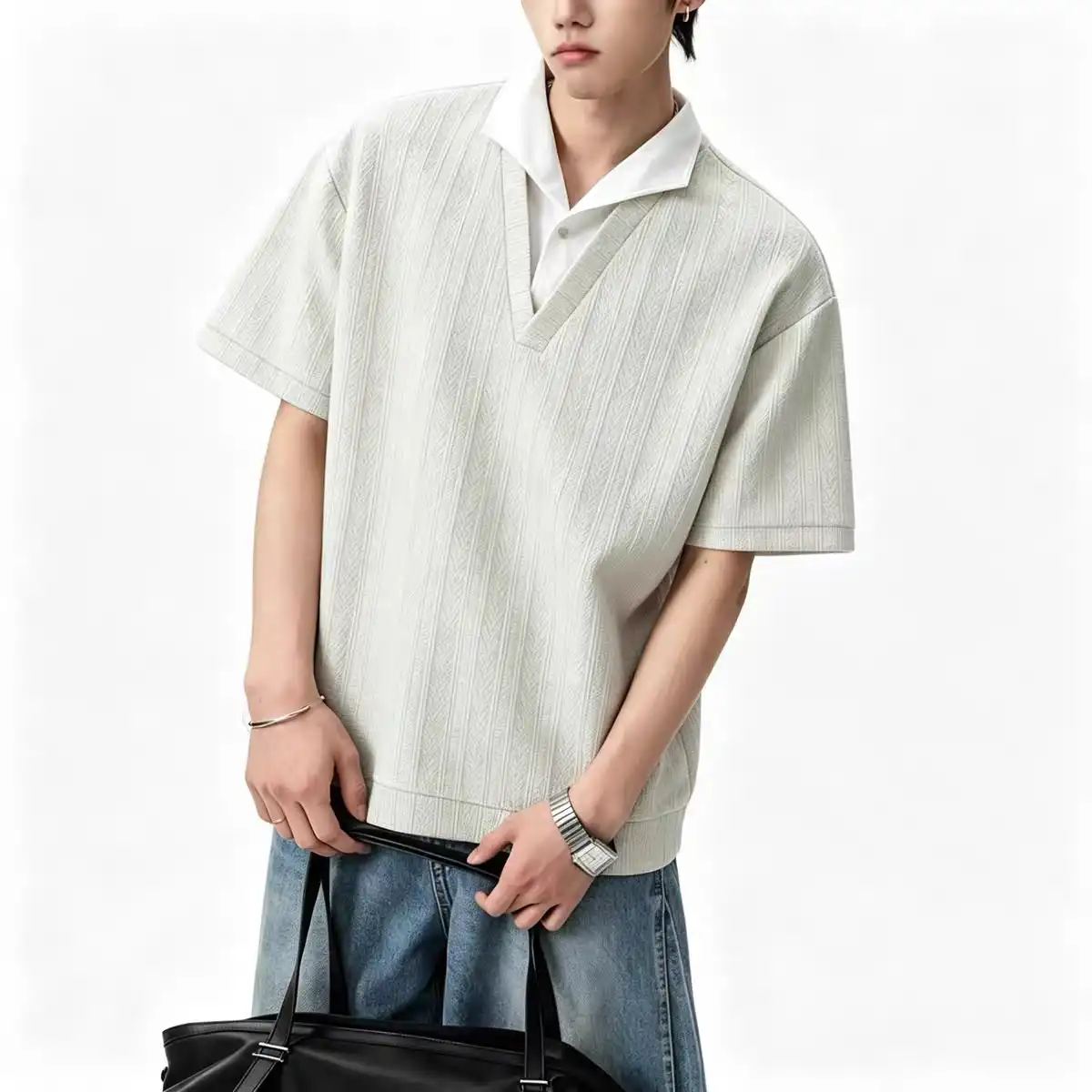 Product image of T5589 Lapel Neck Attached V Neck T-Shirt
