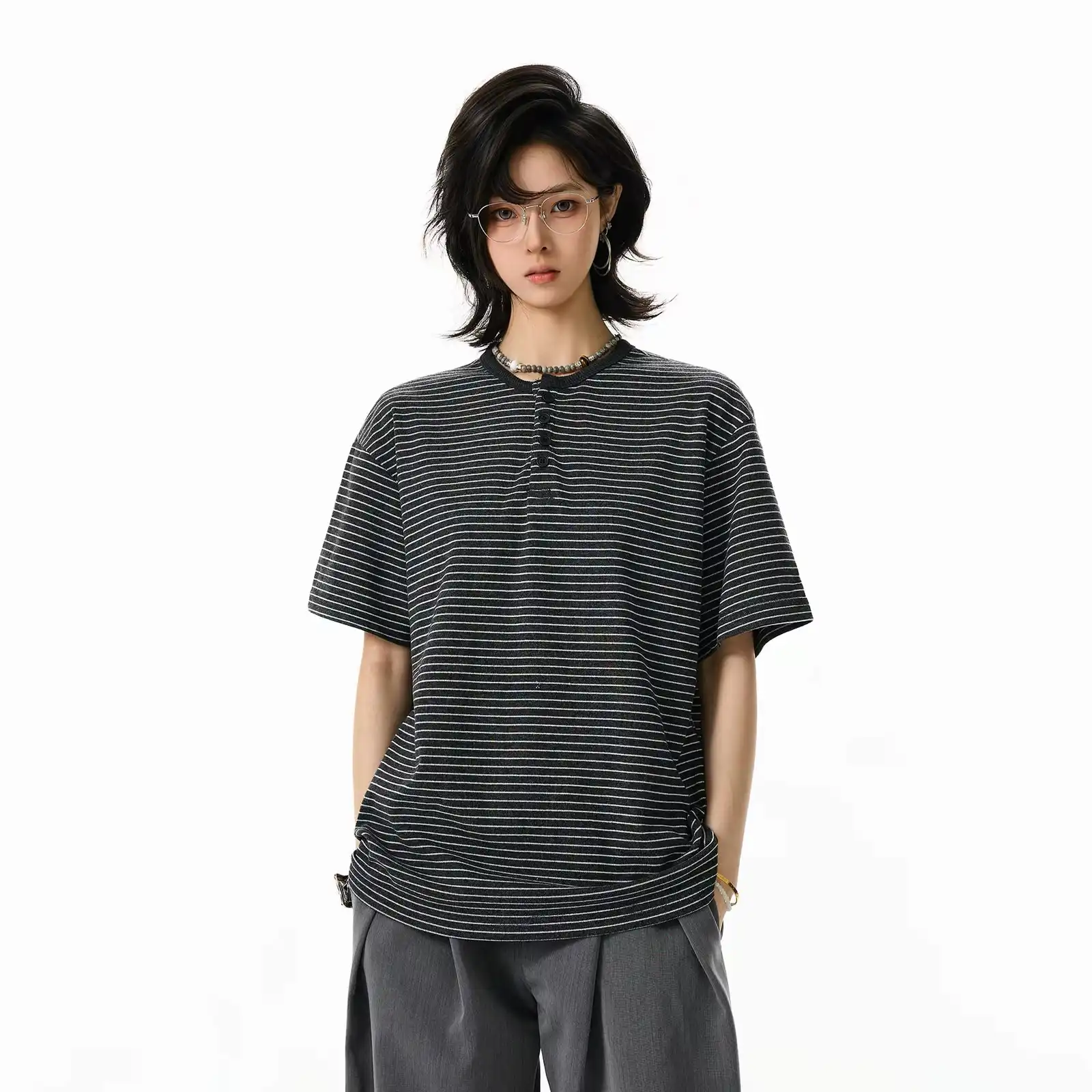 Product image of W337 Stripe Lining Henley Neck T-Shirt
