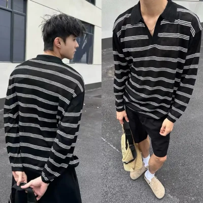 M23 stripe Collar Neck Long Sle...