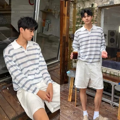 M23 stripe Collar Neck Long Sle...