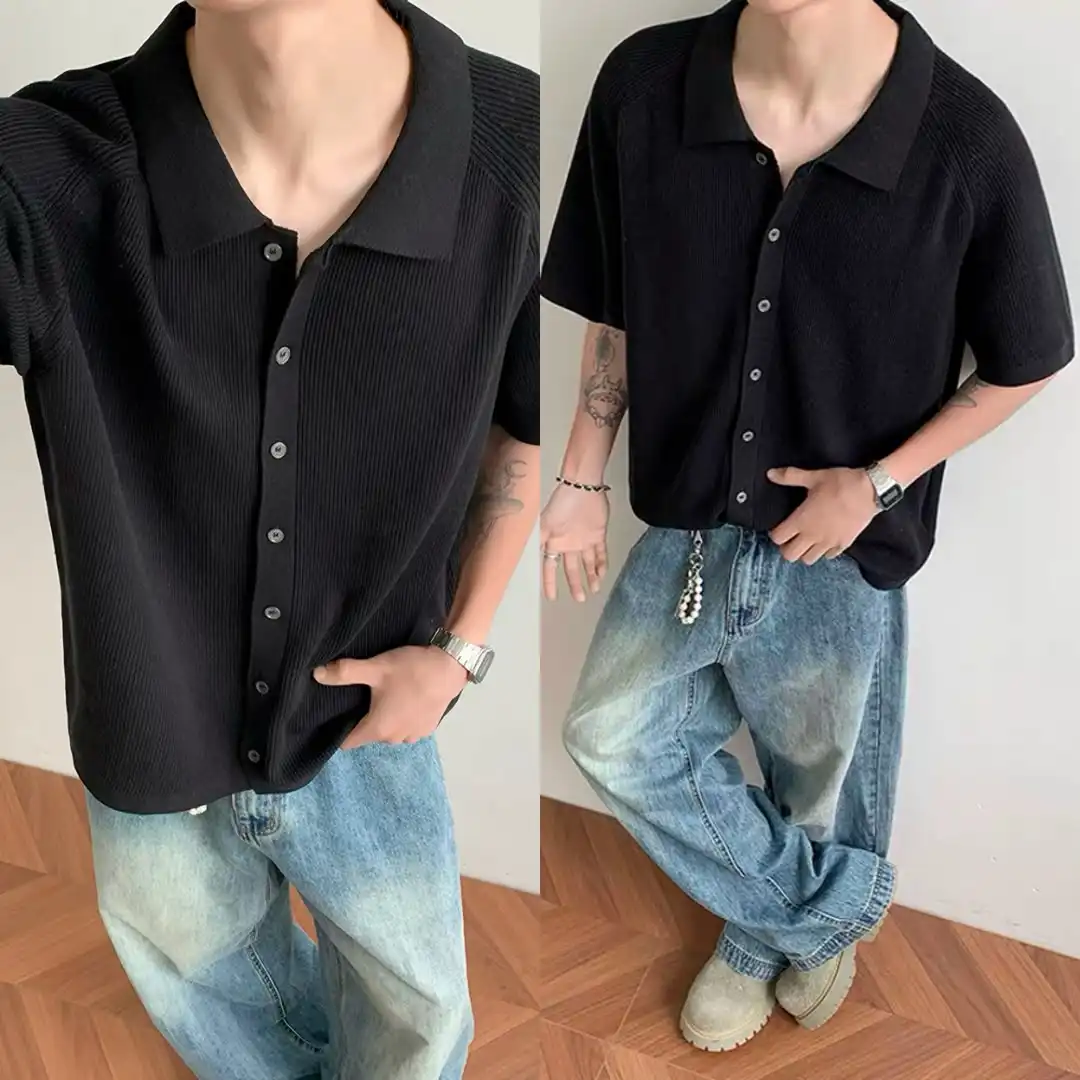 Product image of 501 plain button collar Neck Knitted half shirt