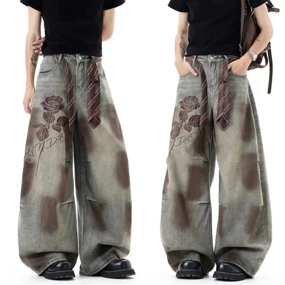 Product image of 8080 Rose Printed Rustic Brown Flaire Baggy Jeans Pant