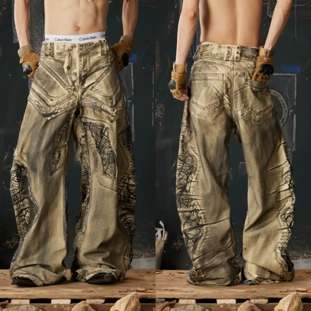 Product image of 12 Distress Stain Embroidery Flared Balloon Jeans