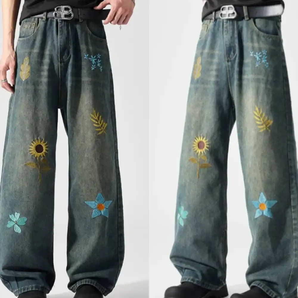 Product image of E15 A309 Flower Embroidery Straight Loose Baggy Jeans Pant