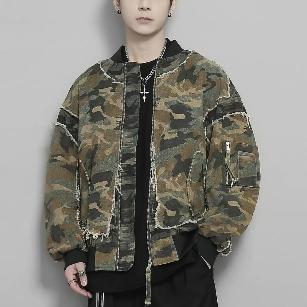 Product image of 25098 Camo Distress Denim Fur Inside Bomber Jacket