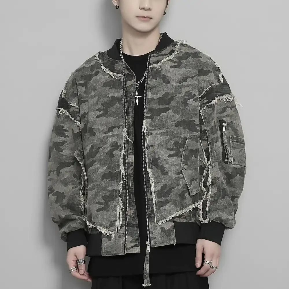 Product image of 25098 Camo Distress Denim Fur Inside Bomber Jacket