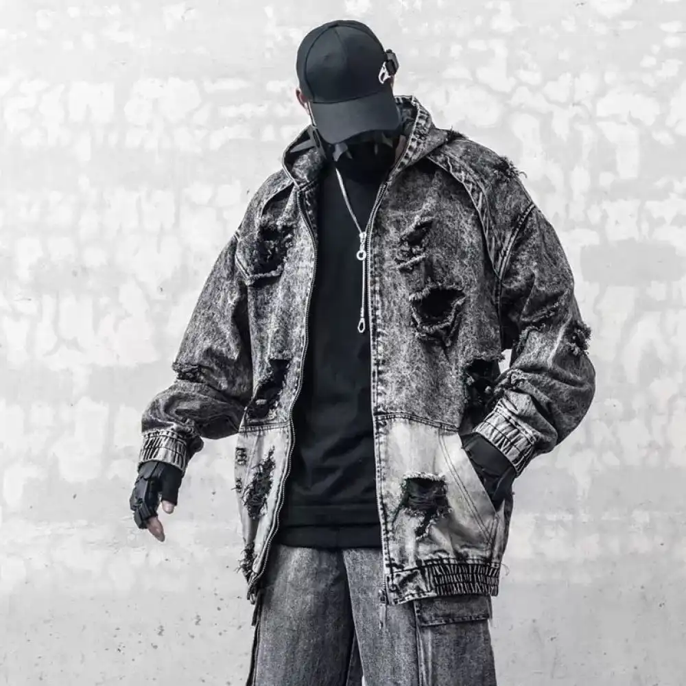 Product image of 3313 Vintage Washed Grunge Zipper Jeans Hoodie
