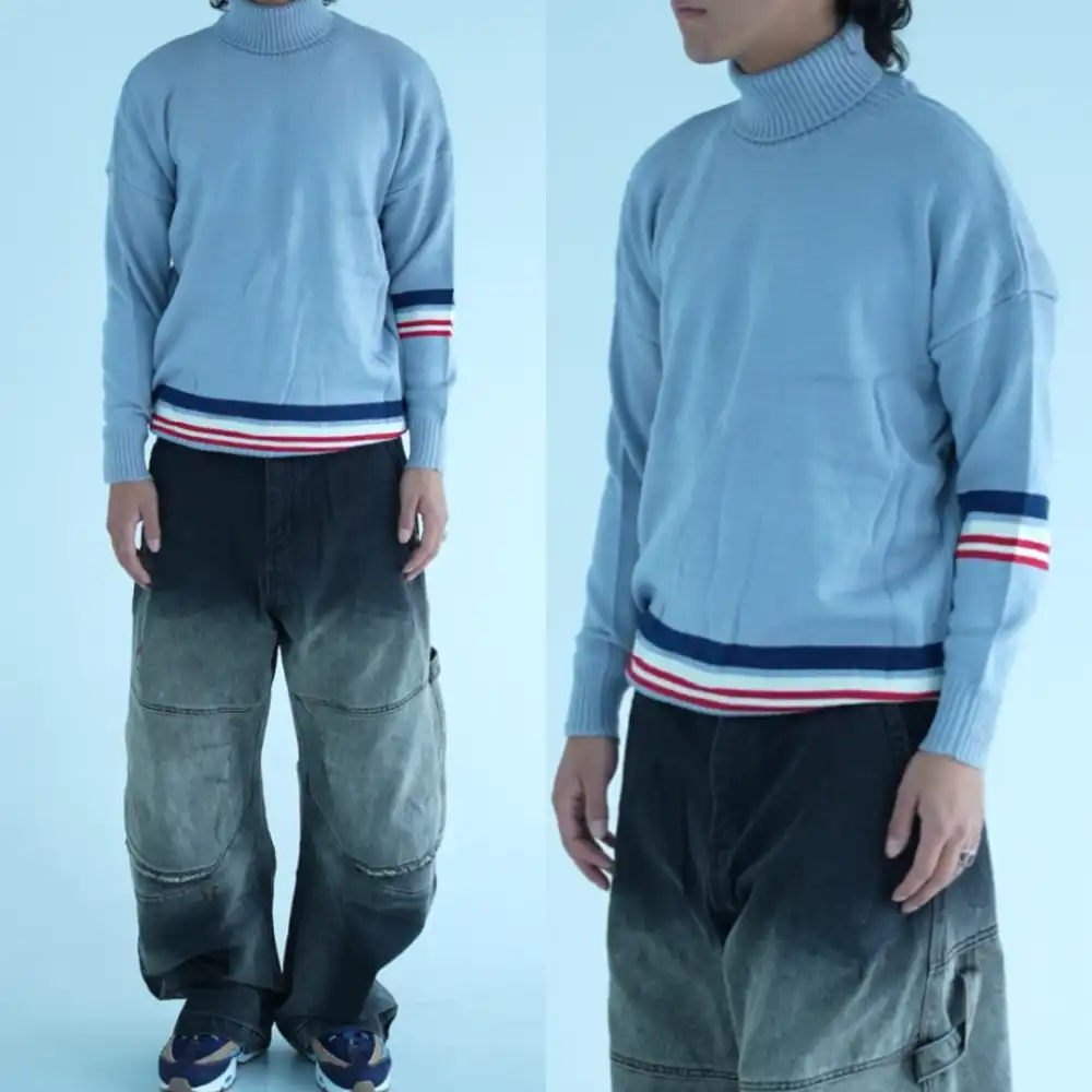 Product image of Red Down Stiripe Lining High Neck Over Size Sweater