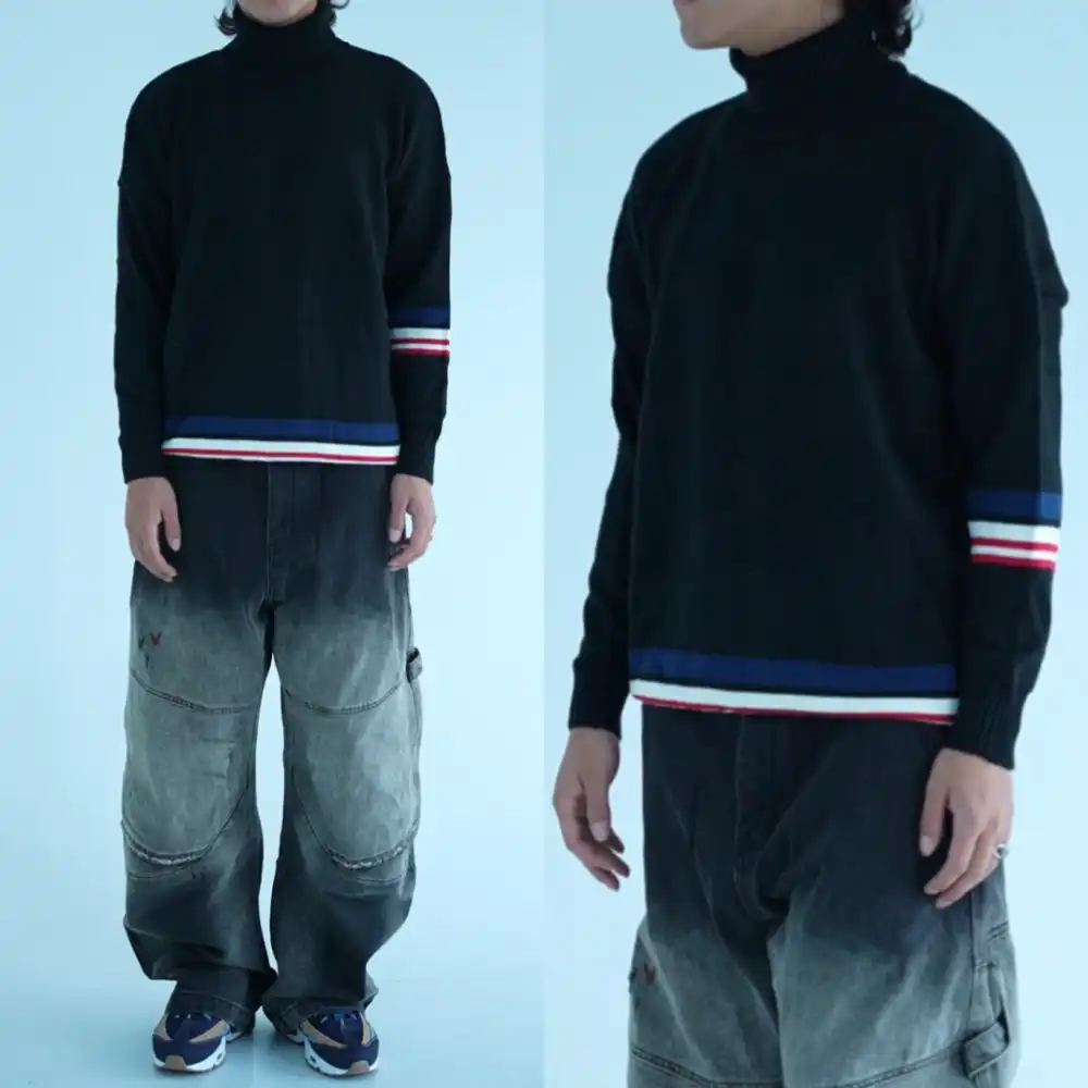 Product image of Red Down Stiripe Lining High Neck Over Size Sweater