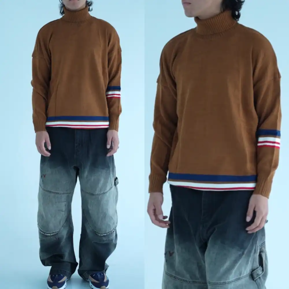 Product image of Red Down Stiripe Lining High Neck Over Size Sweater