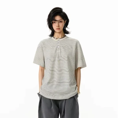 W337 Stripe Lining Henley Neck ...